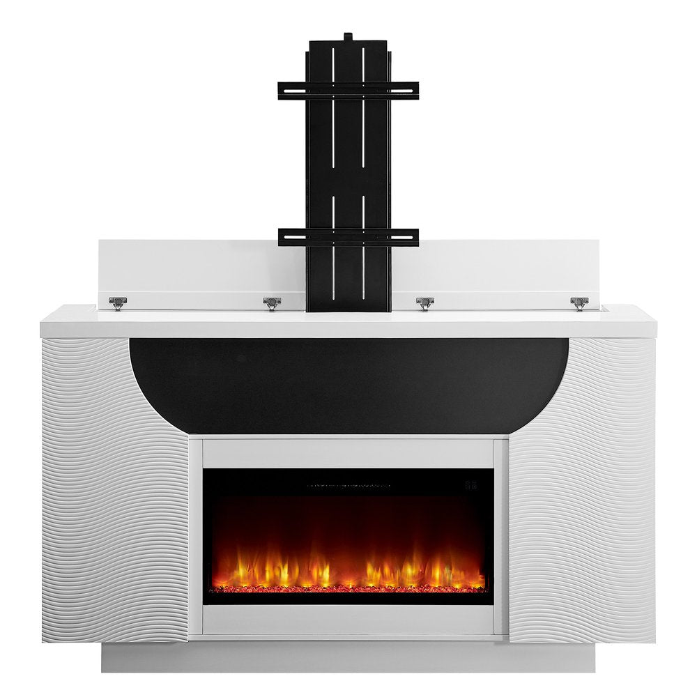 76" White Ribbed Wood Electric Storage Cabinet TV Fireplace With LED And Speaker HomeRoots