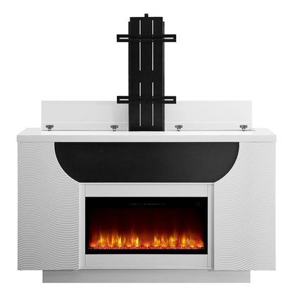 76" White Ribbed Wood Electric Storage Cabinet TV Fireplace With LED And Speaker HomeRoots