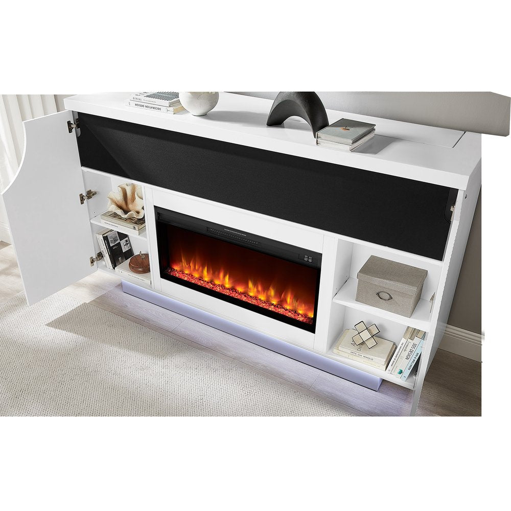 76" White Ribbed Wood Electric Storage Cabinet TV Fireplace With LED And Speaker HomeRoots