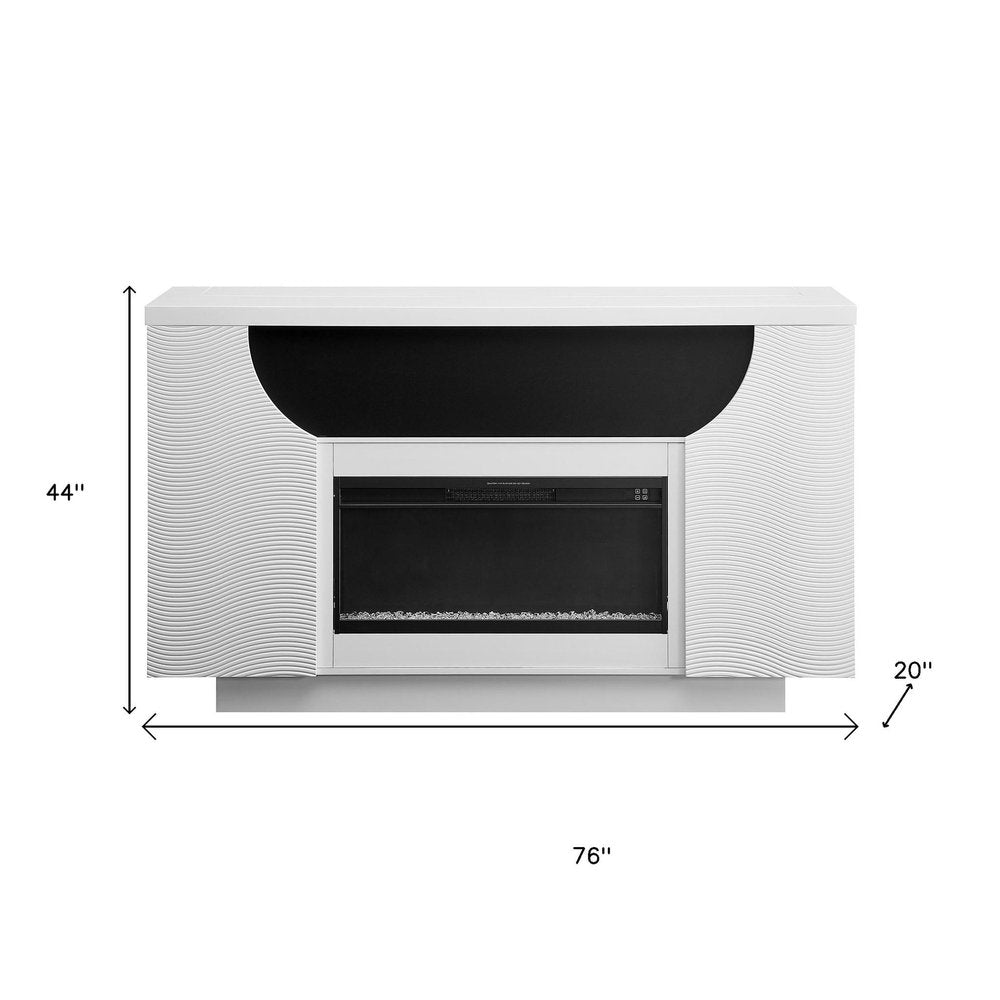 76" White Ribbed Wood Electric Storage Cabinet TV Fireplace With LED And Speaker HomeRoots