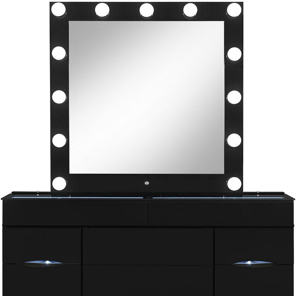 62" Black Wood And Glass Six Drawer Vanity Table With Mirror Seating And Lights HomeRoots