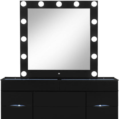62" Black Wood And Glass Six Drawer Vanity Table With Mirror Seating And Lights HomeRoots