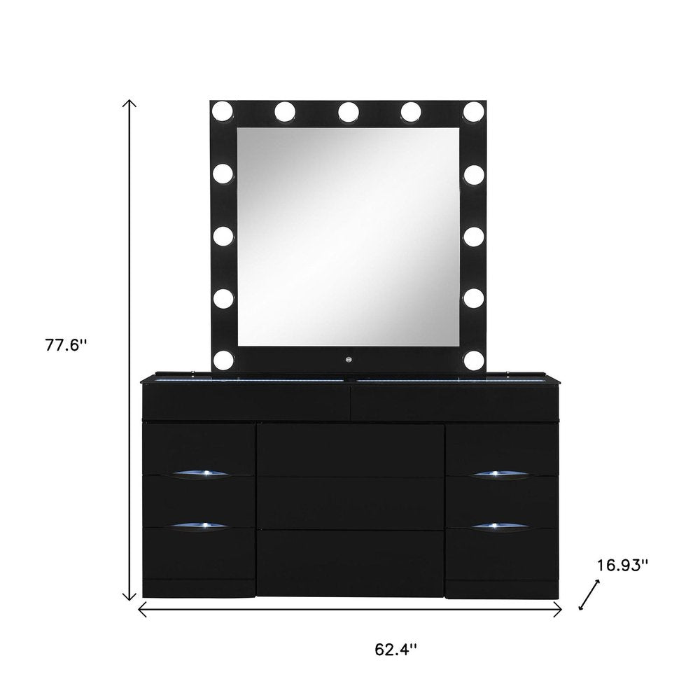 62" Black Wood And Glass Six Drawer Vanity Table With Mirror Seating And Lights HomeRoots