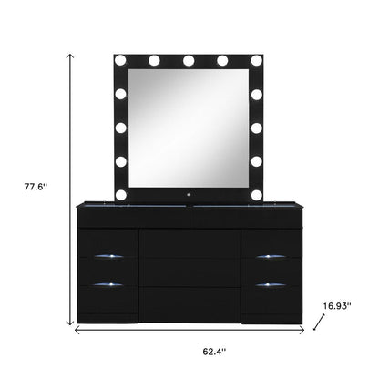 62" Black Wood And Glass Six Drawer Vanity Table With Mirror Seating And Lights HomeRoots