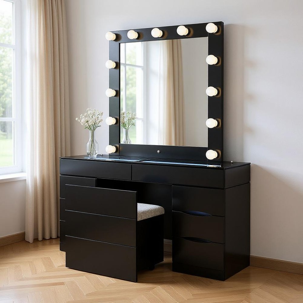 62" Black Wood And Glass Six Drawer Vanity Table With Mirror Seating And Lights HomeRoots