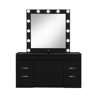 62" Black Wood And Glass Six Drawer Vanity Table With Mirror Seating And Lights HomeRoots