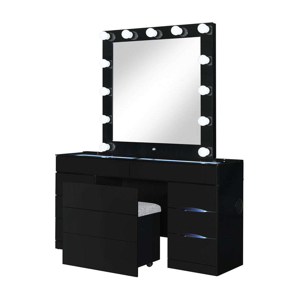 62" Black Wood And Glass Six Drawer Vanity Table With Mirror Seating And Lights HomeRoots