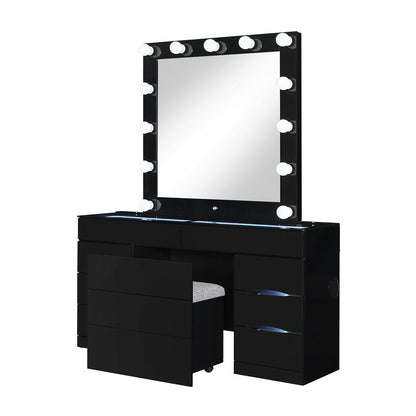 62" Black Wood And Glass Six Drawer Vanity Table With Mirror Seating And Lights HomeRoots