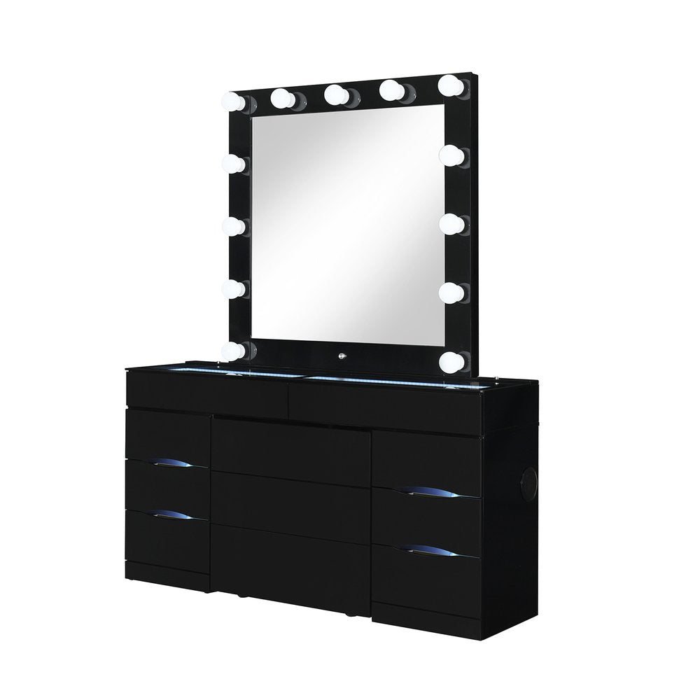 62" Black Wood And Glass Six Drawer Vanity Table With Mirror Seating And Lights HomeRoots