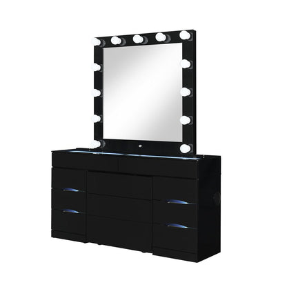 62" Black Wood And Glass Six Drawer Vanity Table With Mirror Seating And Lights HomeRoots