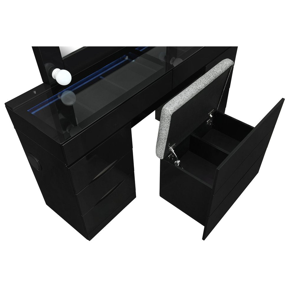 62" Black Wood And Glass Six Drawer Vanity Table With Mirror Seating And Lights HomeRoots