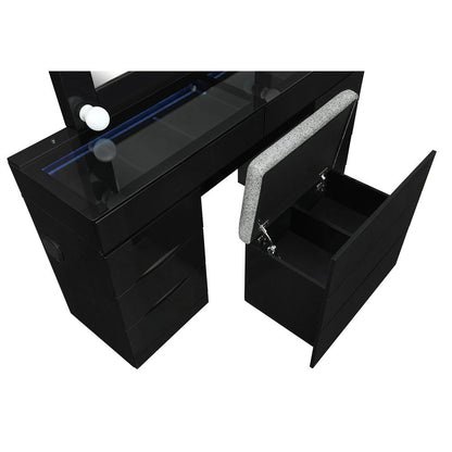 62" Black Wood And Glass Six Drawer Vanity Table With Mirror Seating And Lights HomeRoots