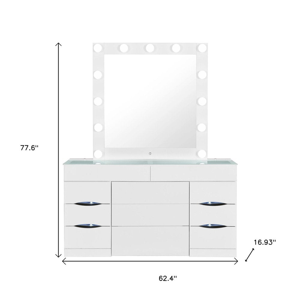 62" White Wood And Glass Six Drawer Vanity Table With Mirror Seating And Lights HomeRoots