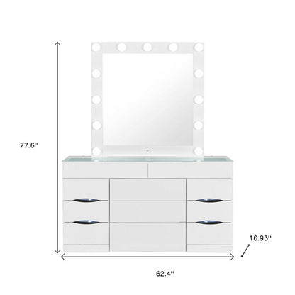 62" White Wood And Glass Six Drawer Vanity Table With Mirror Seating And Lights HomeRoots