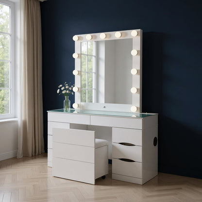 62" White Wood And Glass Six Drawer Vanity Table With Mirror Seating And Lights HomeRoots