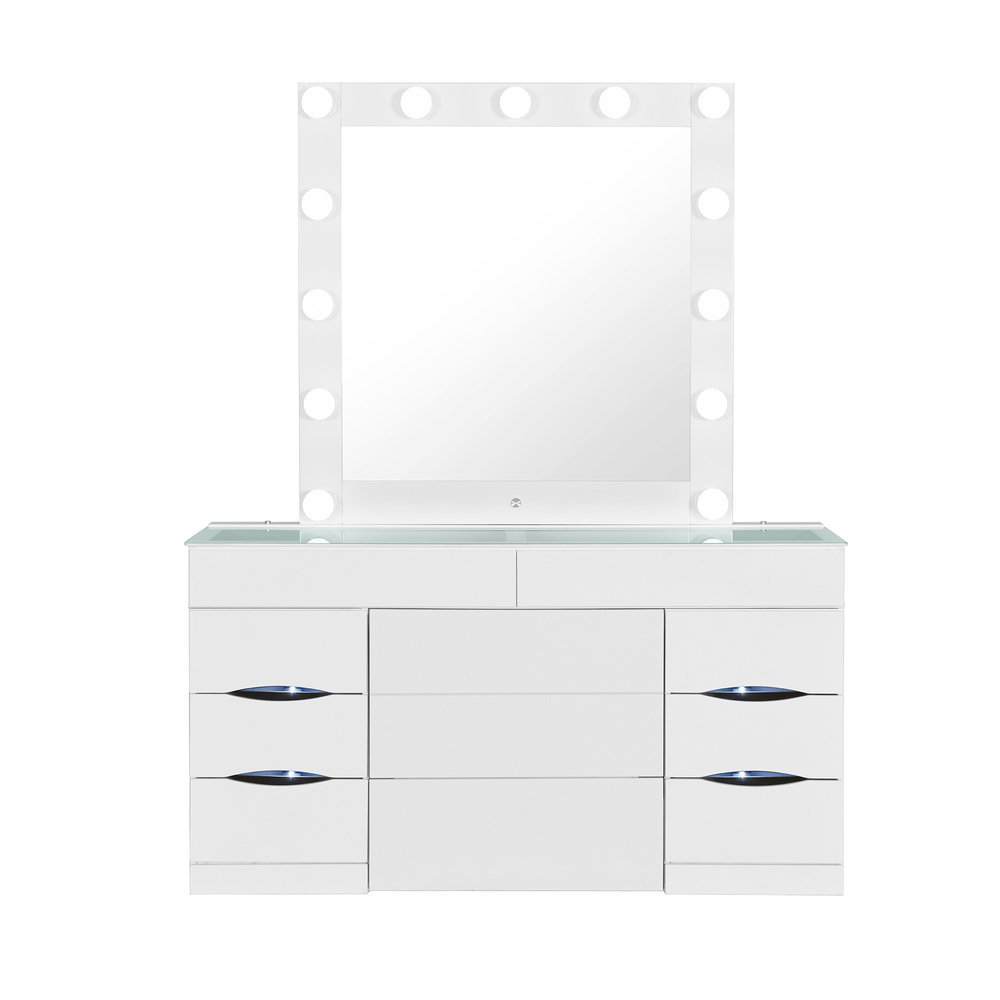 62" White Wood And Glass Six Drawer Vanity Table With Mirror Seating And Lights HomeRoots