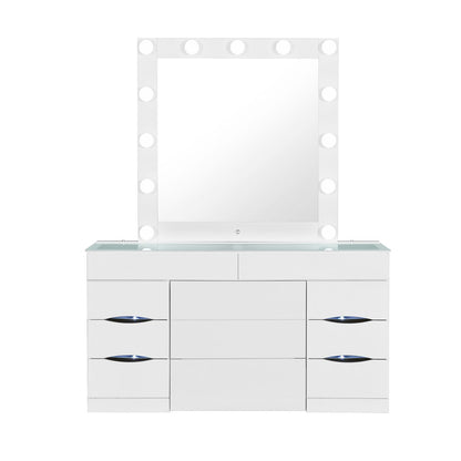 62" White Wood And Glass Six Drawer Vanity Table With Mirror Seating And Lights HomeRoots