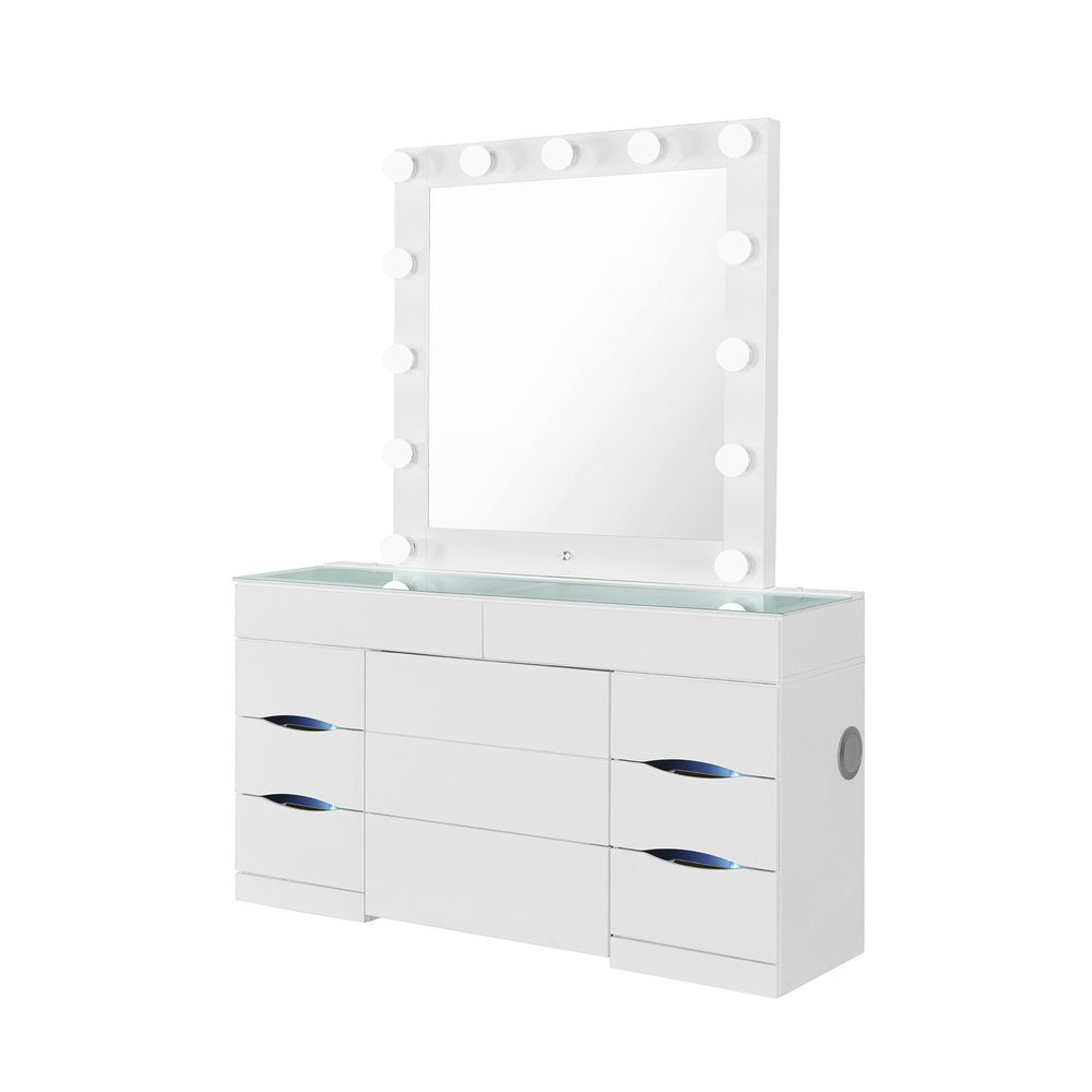 62" White Wood And Glass Six Drawer Vanity Table With Mirror Seating And Lights HomeRoots