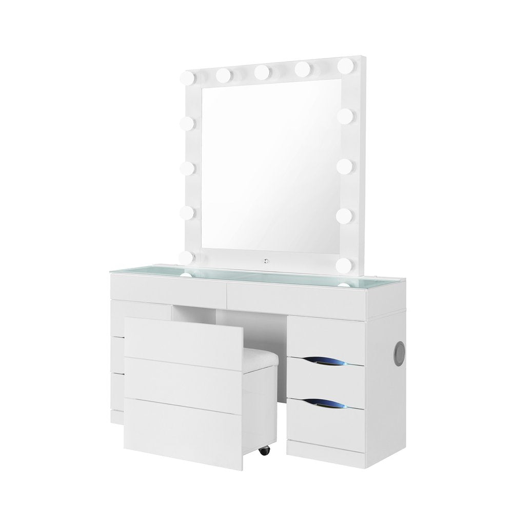 62" White Wood And Glass Six Drawer Vanity Table With Mirror Seating And Lights HomeRoots