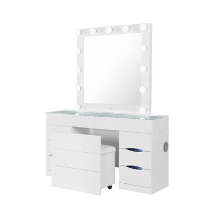 62" White Wood And Glass Six Drawer Vanity Table With Mirror Seating And Lights HomeRoots
