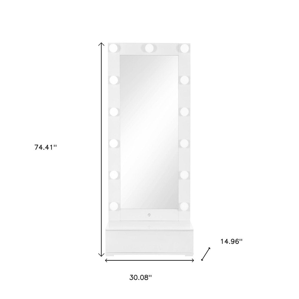 74" White Wood Lighted Freestanding Framed Full Length Mirror HomeRoots