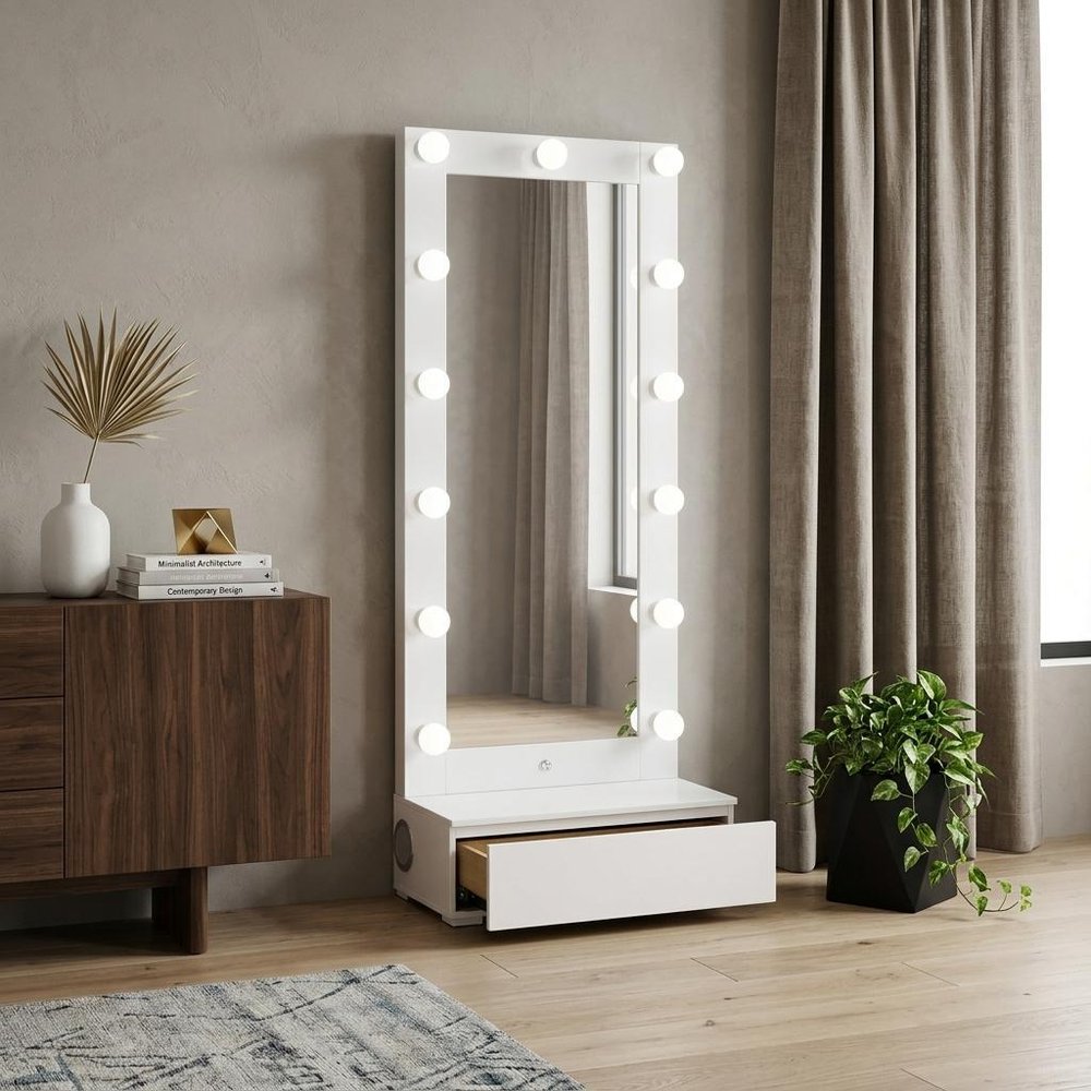 74" White Wood Lighted Freestanding Framed Full Length Mirror HomeRoots