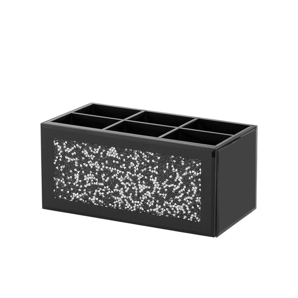 8" Black And Silver Glass Six Section Accessory Box With Faux Crystals HomeRoots