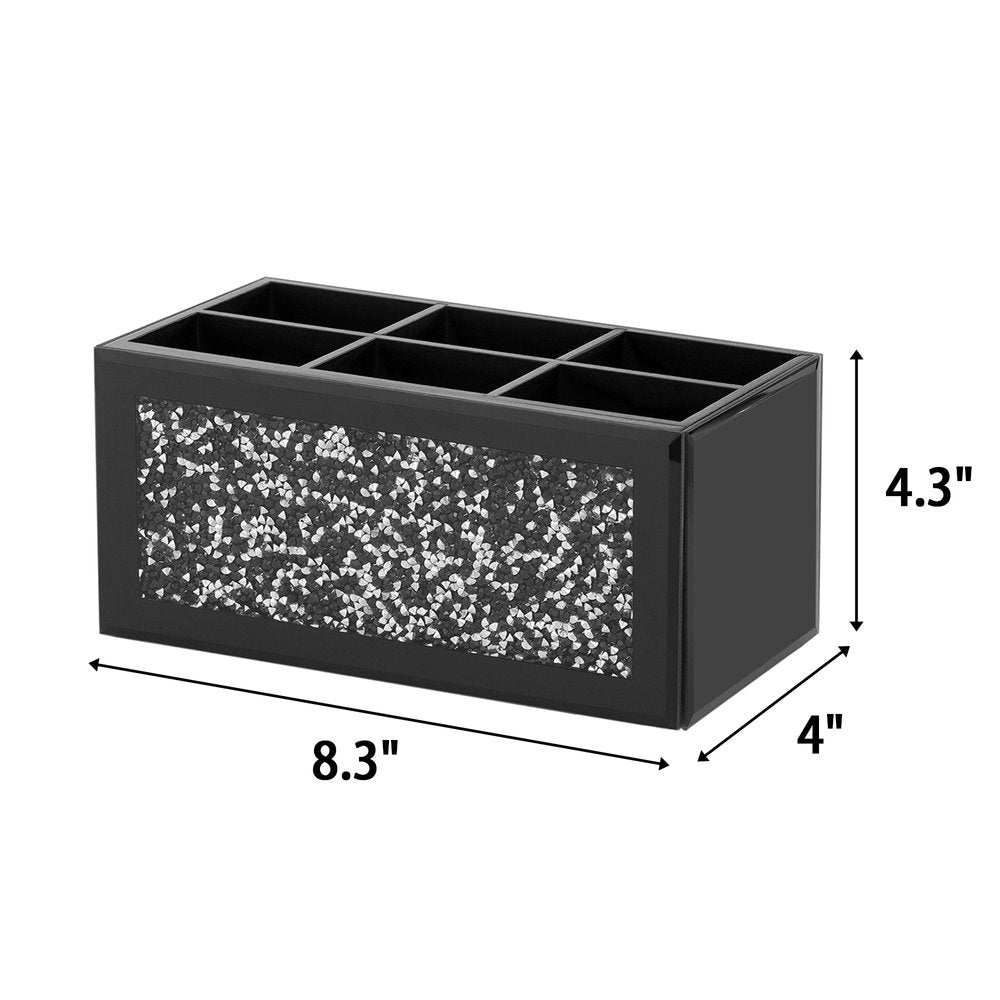 8" Black And Silver Glass Six Section Accessory Box With Faux Crystals HomeRoots
