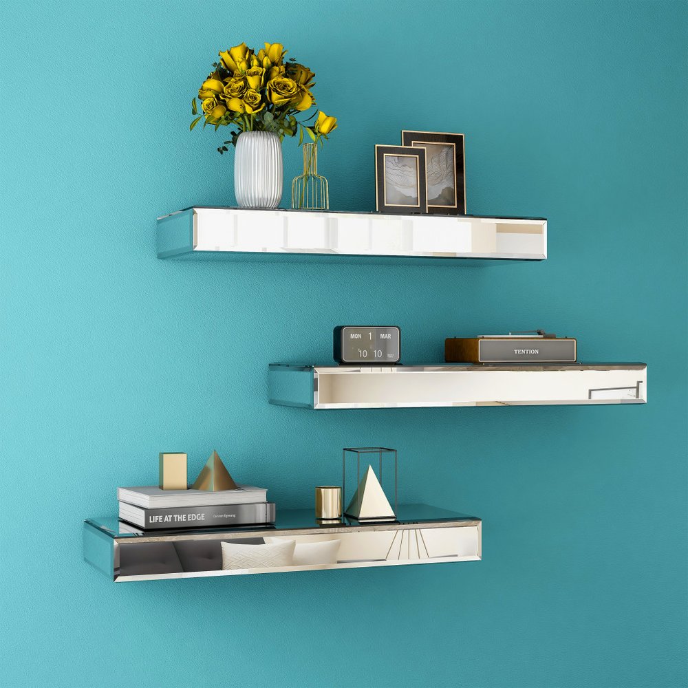 Set Of Three Silver Glass Wall Mounted Floating Shelf HomeRoots