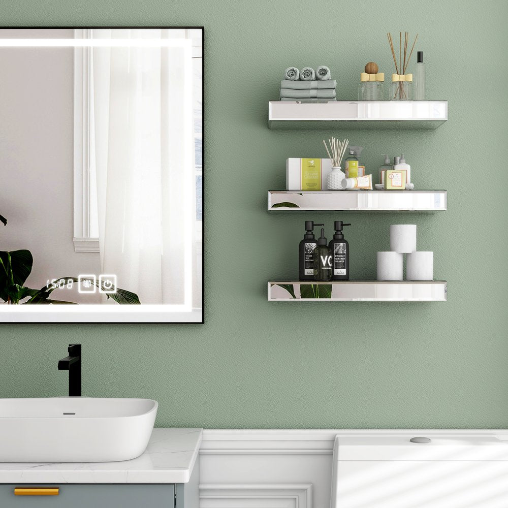 Set Of Three Silver Glass Wall Mounted Floating Shelf HomeRoots