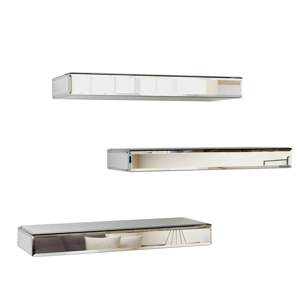 Set Of Three Silver Glass Wall Mounted Floating Shelf HomeRoots