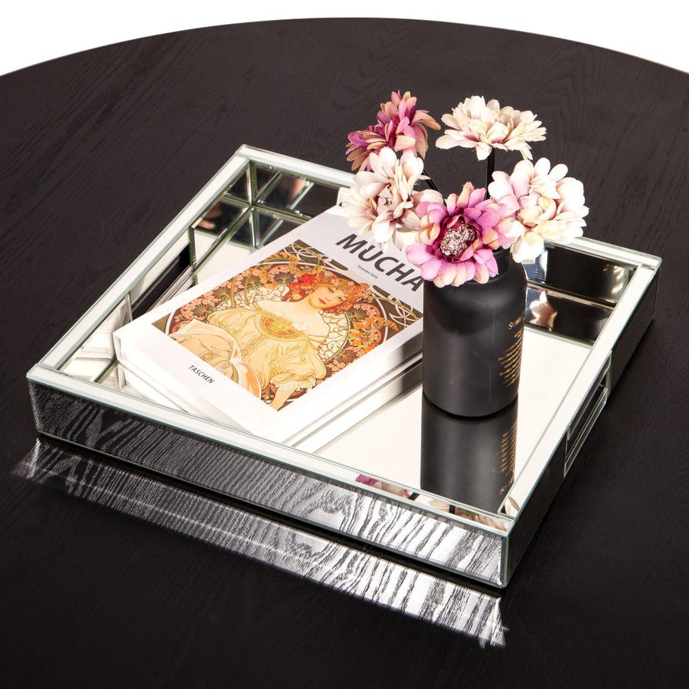16" Silver Mirrored Glass Serving Tray With Handles HomeRoots