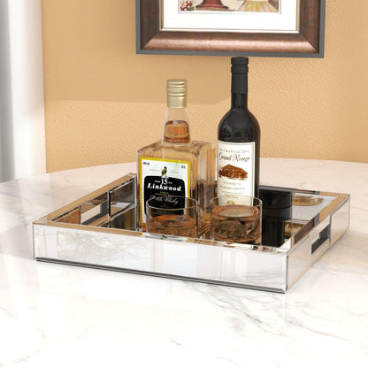 16" Silver Mirrored Glass Serving Tray With Handles HomeRoots