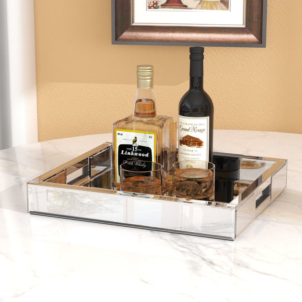 16" Silver Mirrored Glass Serving Tray With Handles HomeRoots