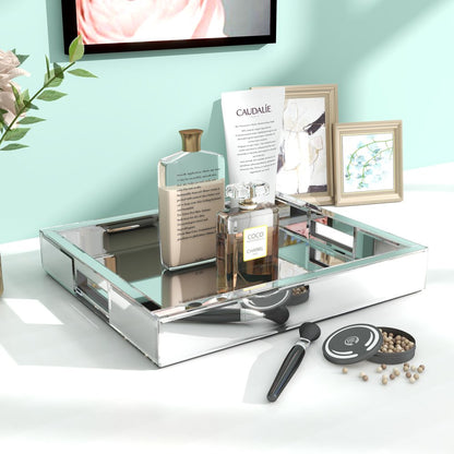 16" Silver Mirrored Glass Serving Tray With Handles HomeRoots
