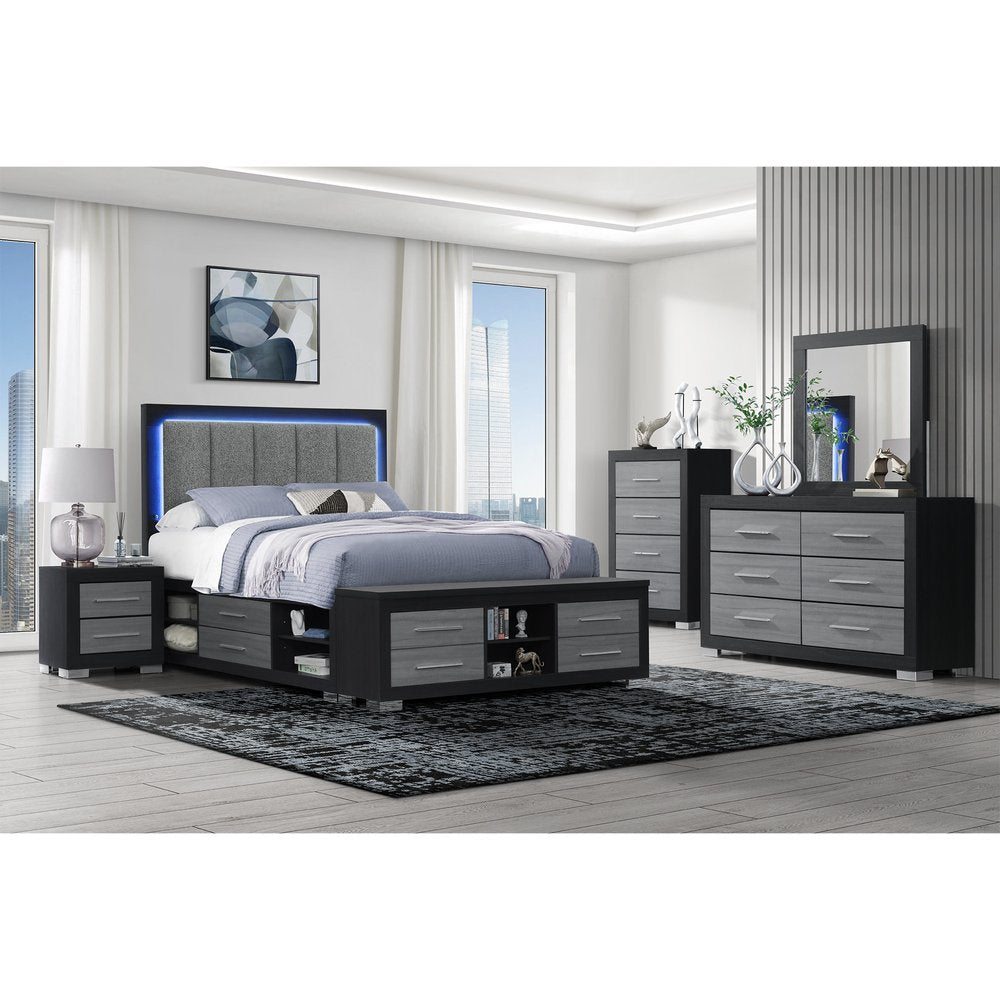 Black and Gray Wood And Upholstery Lighted Upholstered Full Bed Frame With USB And Drawers HomeRoots