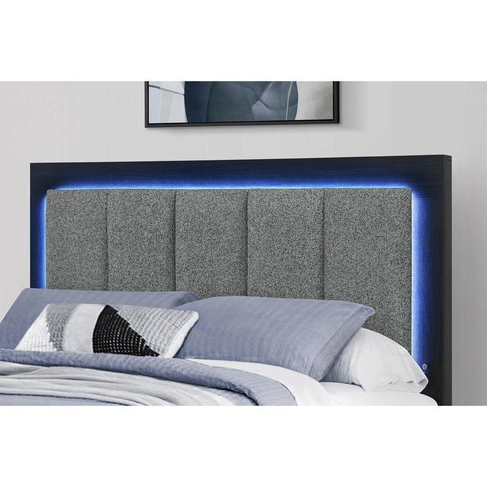 Black and Gray Wood And Upholstery Lighted Upholstered Queen Bed Frame With USB And Drawers With Drawer, Shelve Storage HomeRoots