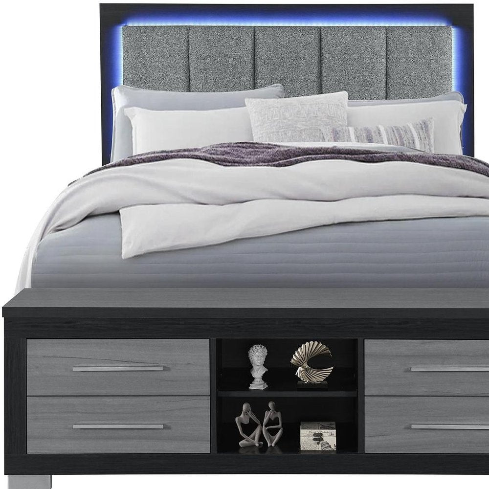Black and Gray Wood And Upholstery Lighted Upholstered Queen Bed Frame With USB And Drawers With Drawer, Shelve Storage HomeRoots