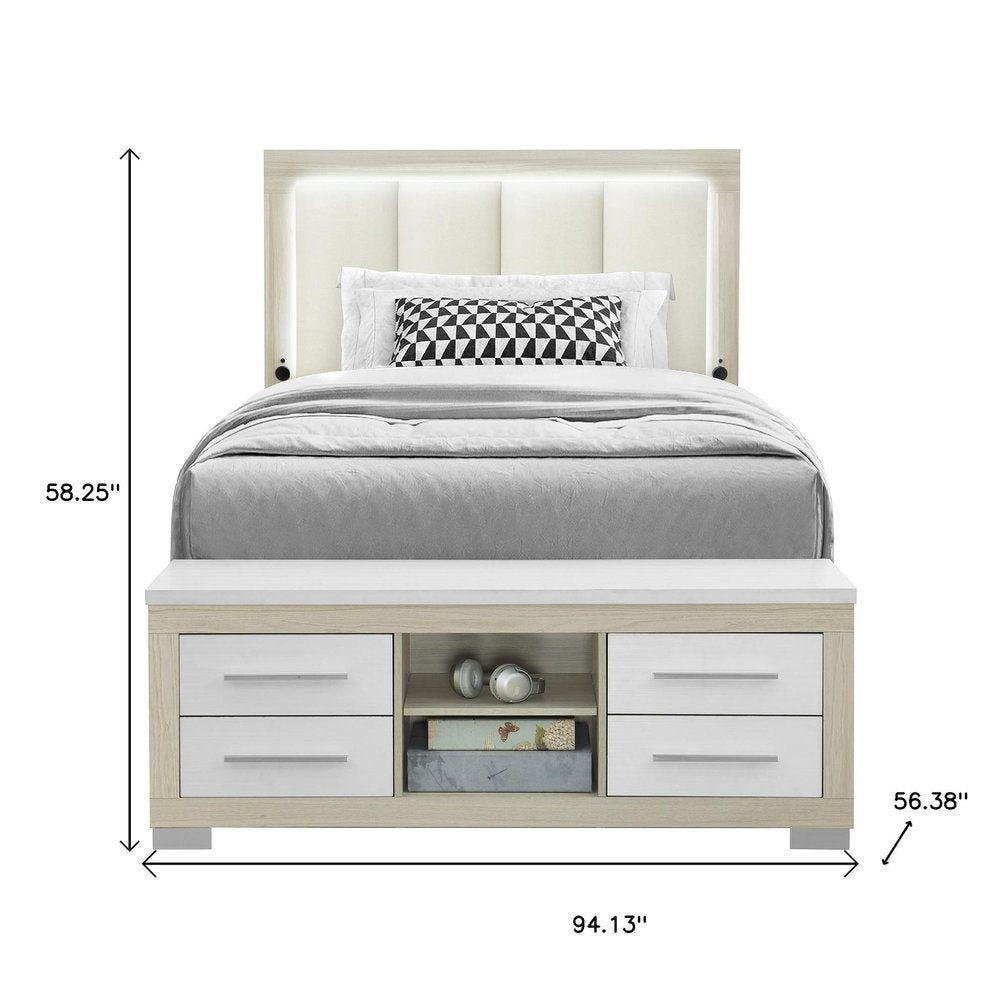 Natural White and Beige Wood And Upholstery Lighted Upholstered Full Bed Frame With USB And Drawers With Drawer, Shelve Storage HomeRoots