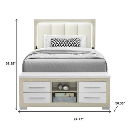 Natural White and Beige Wood And Upholstery Lighted Upholstered Full Bed Frame With USB And Drawers With Drawer, Shelve Storage HomeRoots