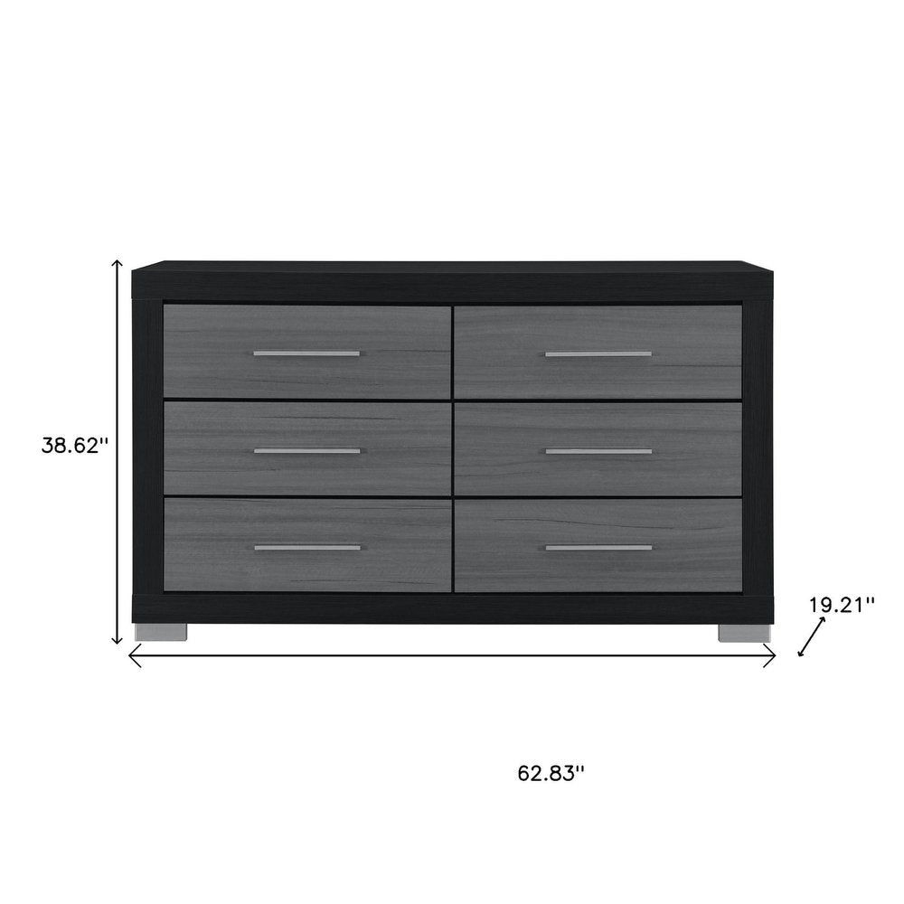 63" Black And Gray Wood Six Drawer Double Dresser HomeRoots