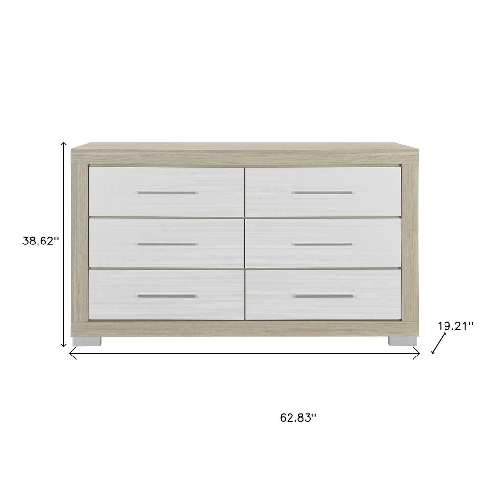 63" Natural And White Wood Six Drawer Double Dresser HomeRoots