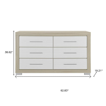 63" Natural And White Wood Six Drawer Double Dresser HomeRoots