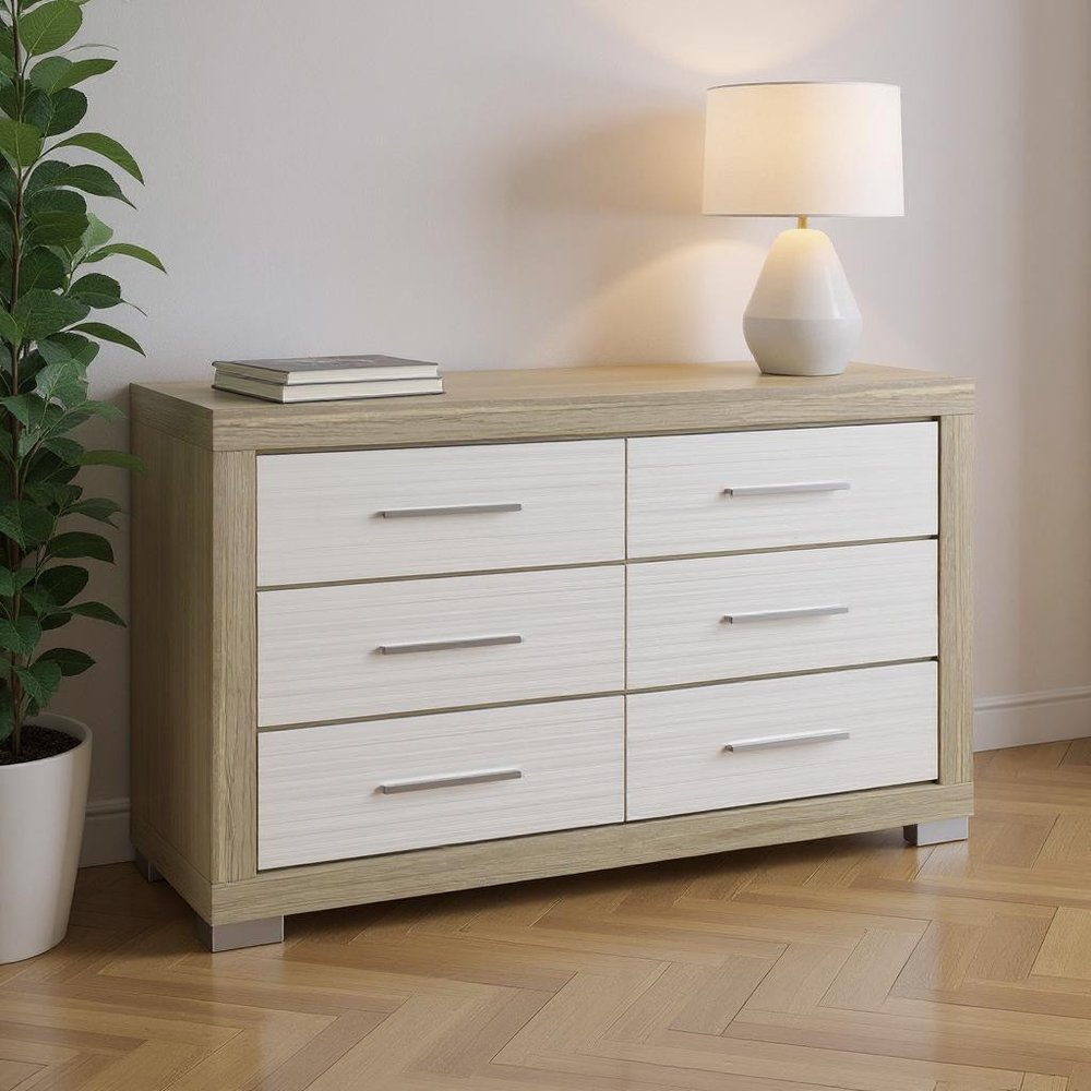 63" Natural And White Wood Six Drawer Double Dresser HomeRoots