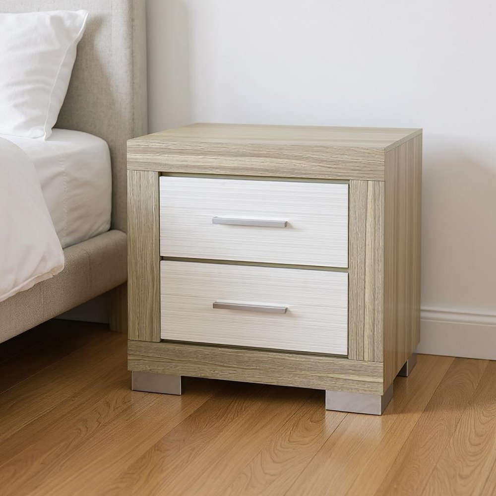 23" Natural And White Wood Square Two Drawer Nightstand HomeRoots