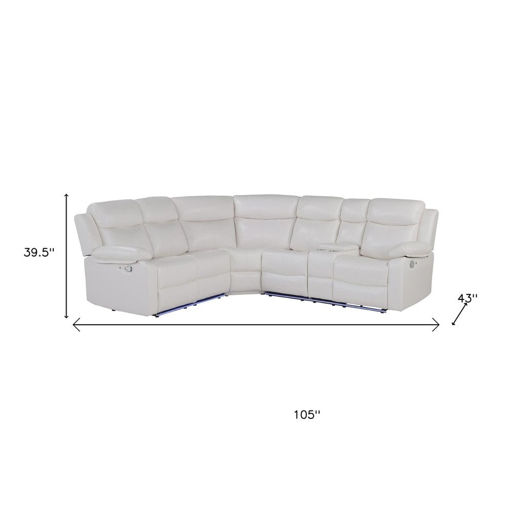Off White Faux Leather Reclining Curved Six Piece Sectional With LED And Console HomeRoots