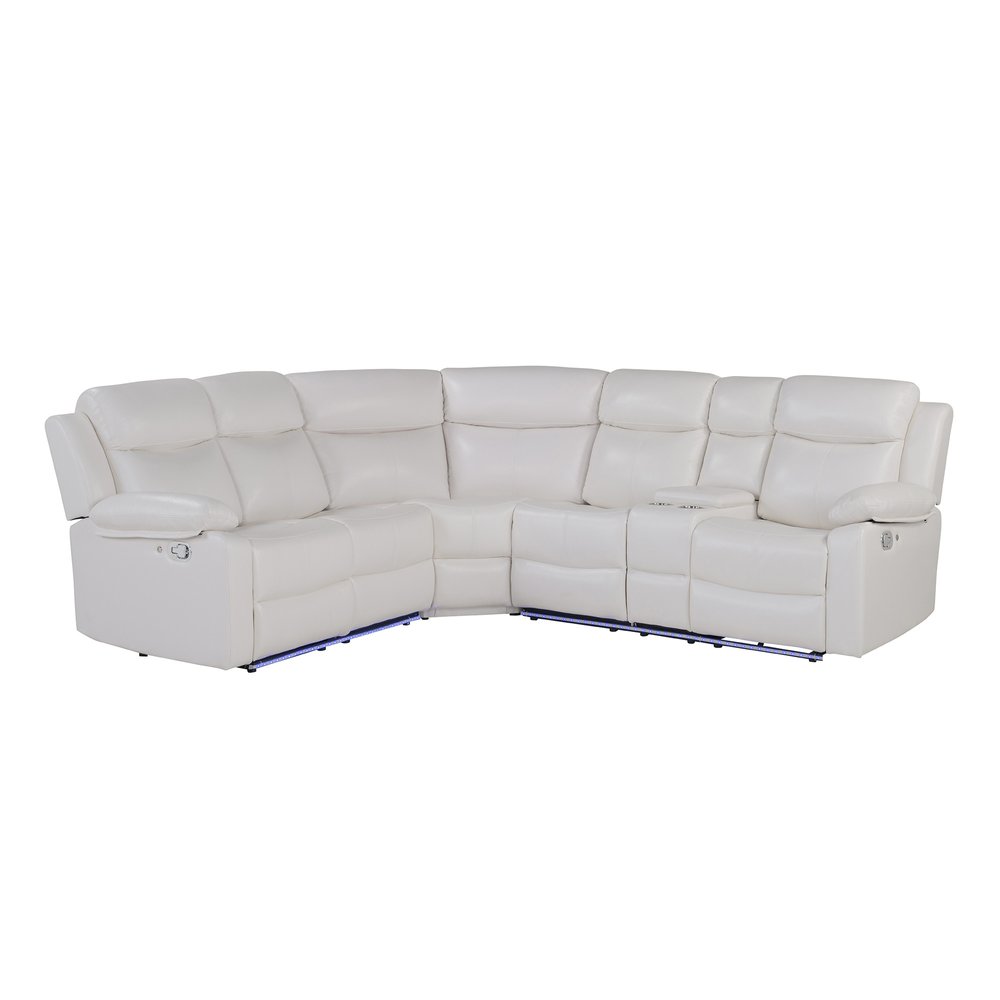 Off White Faux Leather Reclining Curved Six Piece Sectional With LED And Console HomeRoots