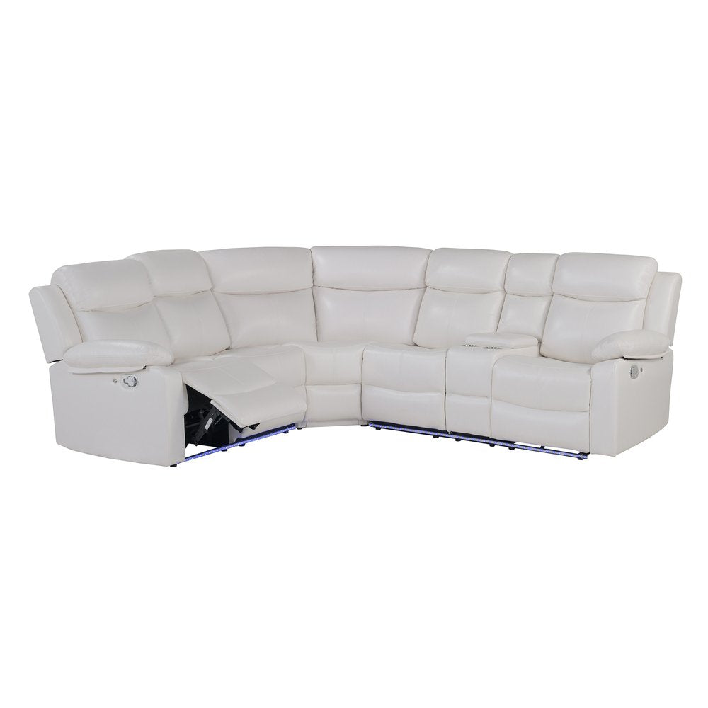 Off White Faux Leather Reclining Curved Six Piece Sectional With LED And Console HomeRoots