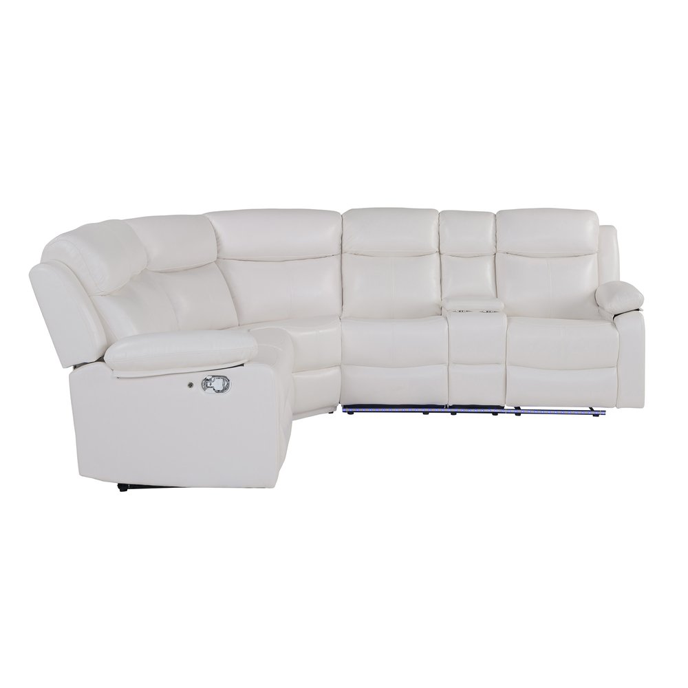Off White Faux Leather Reclining Curved Six Piece Sectional With LED And Console HomeRoots
