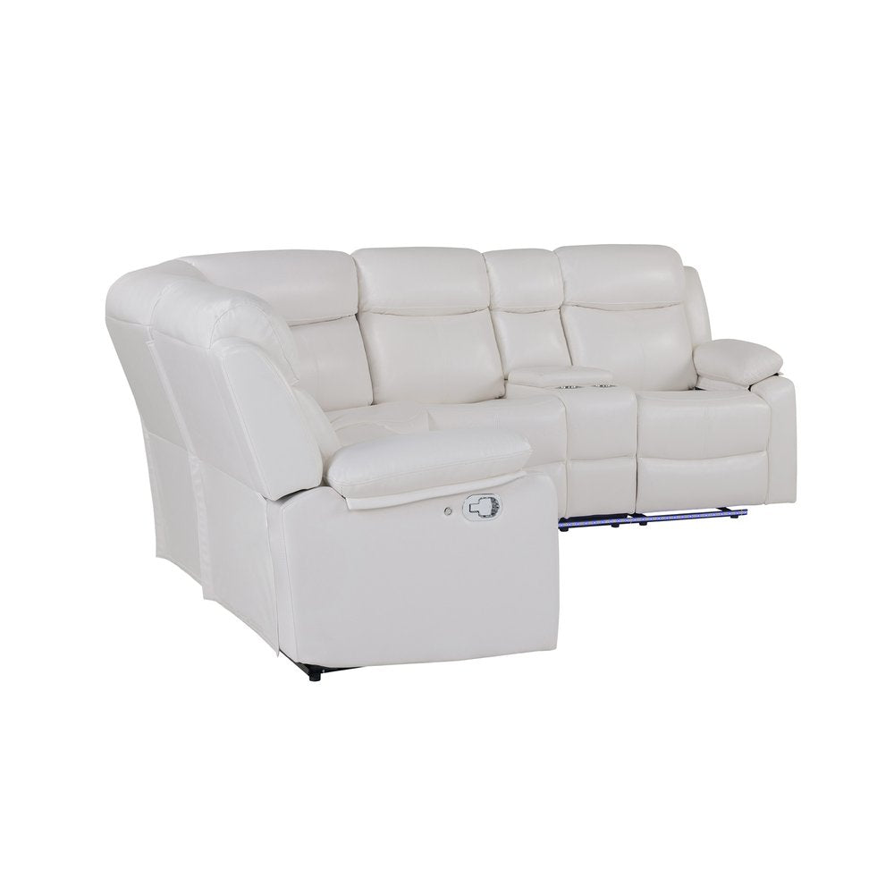 Off White Faux Leather Reclining Curved Six Piece Sectional With LED And Console HomeRoots